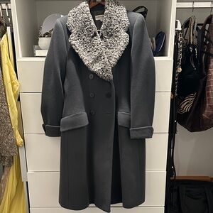 Vtg 90s Giorgio Armani  Gray double breasted wool coat w fur collar